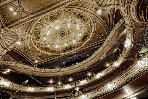 Looking up to the ornate ceiling of the Kings Theatre, photo by Duncan Allen