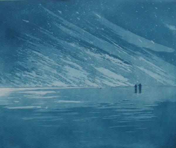 'Birdwatchers' etching/aquatint by Kit Boyd, showing two figures on a seemingly icy lacy by a mountain, all in beautiful blue tones