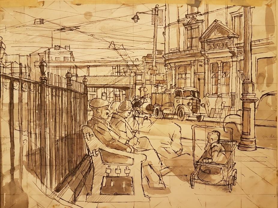 A beautiful and intricate sketch by Garrick Palmer showing people sat on and around a bench in Portsmouth