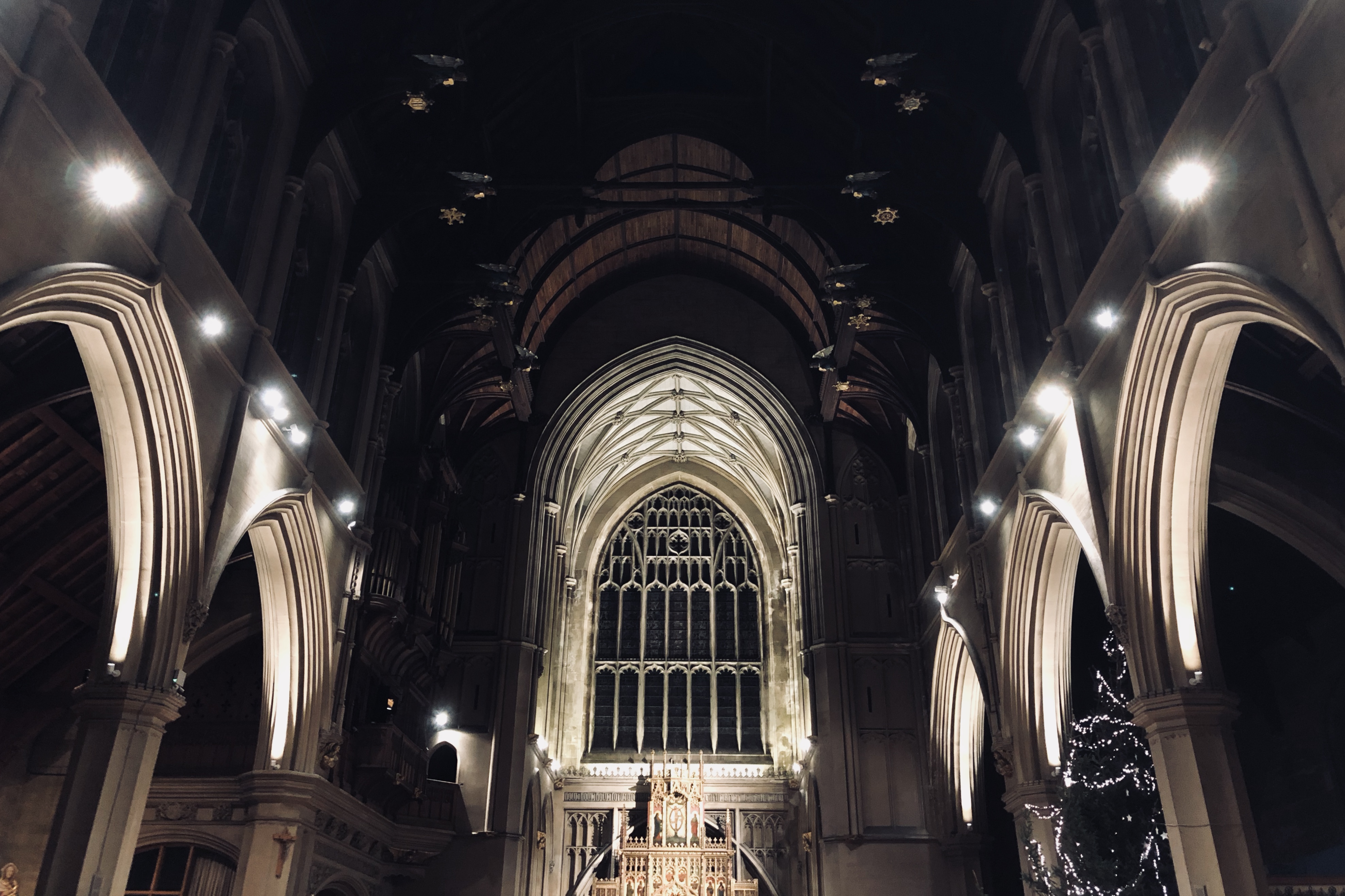 Looking up to the high vaulted ceiling of St Mary's Church in Fratton