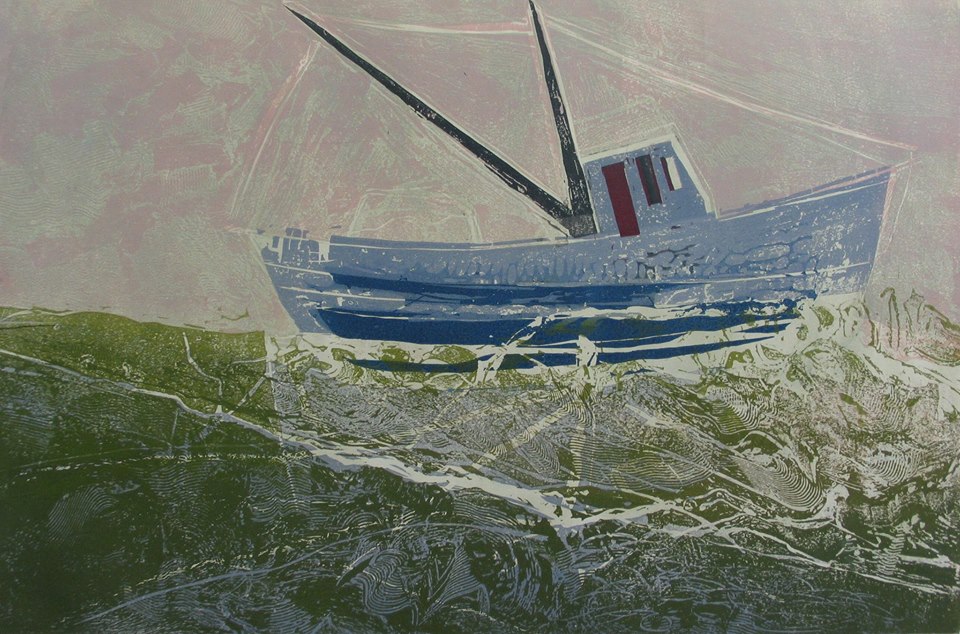 Colourful print of a blue fishing boat on an atmospheric green sea