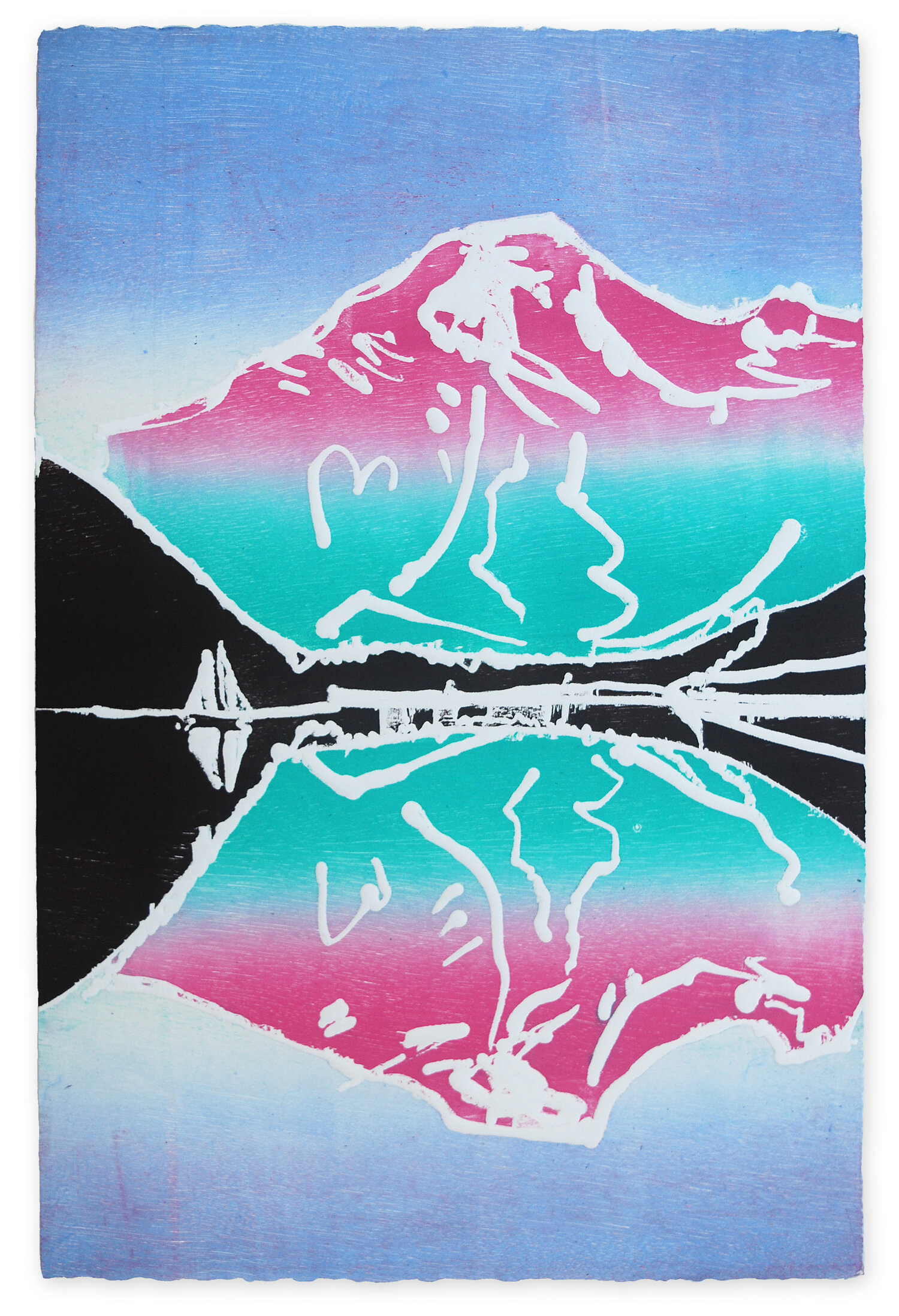 Sadie Tierney's La Glace, a sailboat glides on pink and blue reflected colour